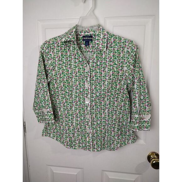 Westbound Woman 6p Shirt Collared Button V Neck Green Floral 3/4 Sleeve - Picture 1 of 10